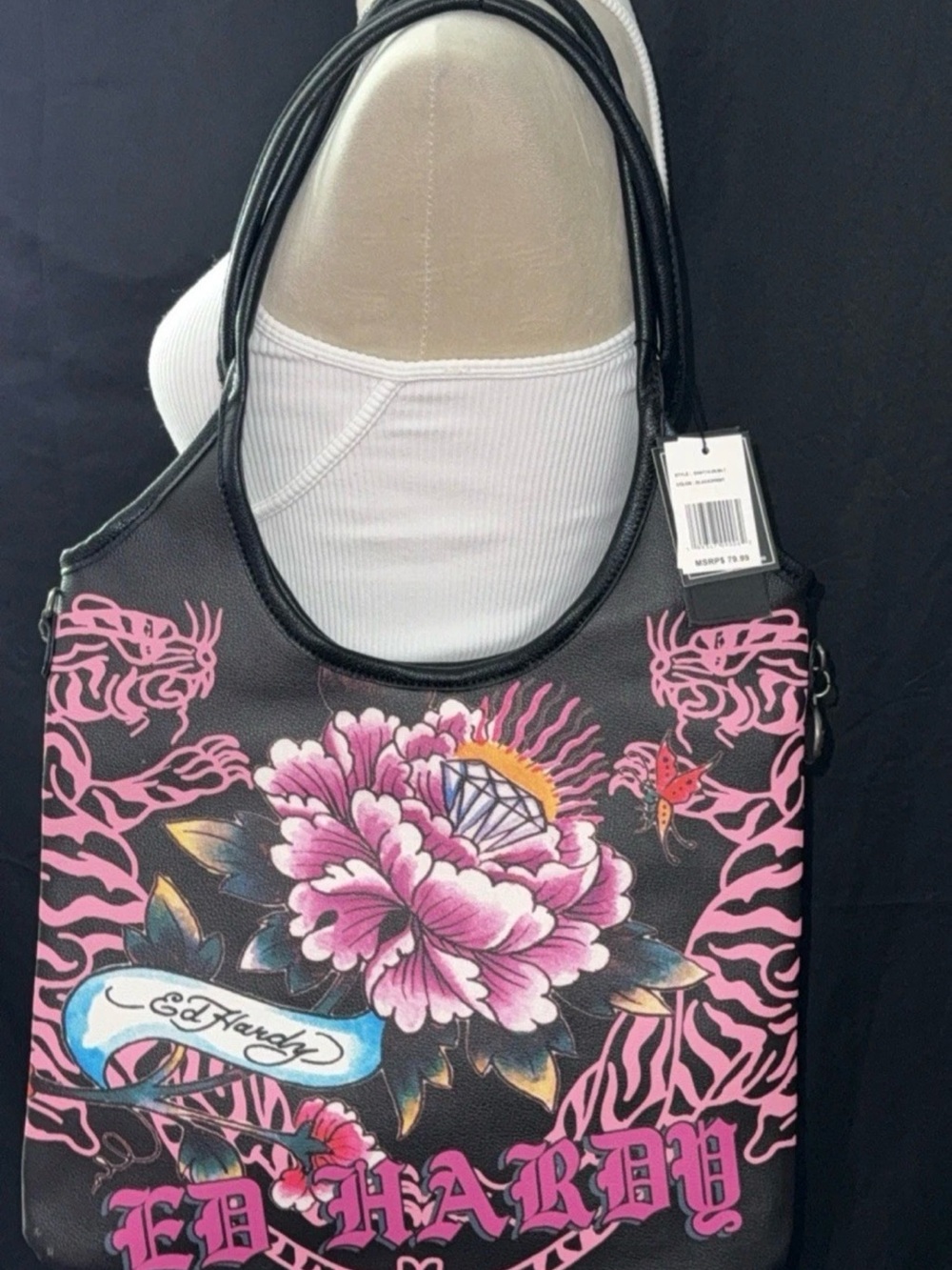 Ed Hardy Black & Pink Floral Tattoo-Print Shoulder Bag